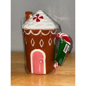 Gingerbread House Ceramic Coffee Cocoa Mug With Lid Topper & Candy Cane Handle